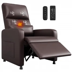 Power Recliner Chair with Massage and Heat, Adjustable Electric Recliner Ergonomic Overstuffed PU Leather Single Sofa, 2 Side Pockets & USB Port, Home Theater Seating for Living Room, Brown