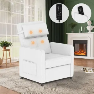Power Recliner Chair with Massage & Heat, Adjustable Electric Recliner, Ergonomic Overstuffed Tall Back, Padded Seat, USB Port, Side Pockets, for Home Theater & Living Room, White