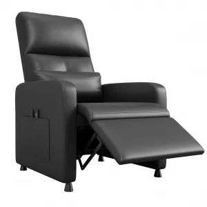 Power Recliner Chair, Adjustable Electric Recliner Ergonomic Overstuffed PU Leather Single Sofa, Tall Back, Padded Seat, 2 Side Pockets and USB Port, Home Theater Seating for Living Room, Black
