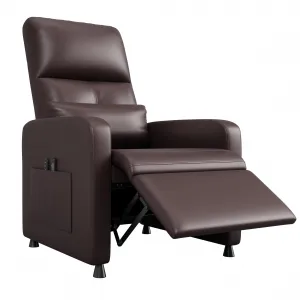 Power Recliner Chair, Adjustable Electric Recliner Ergonomic Overstuffed PU Leather Single Sofa, Tall Back, Padded Seat, 2 Side Pockets and USB Port, Home Theater Seating for Living Room, Brown