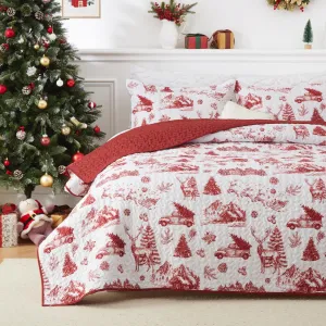 Christmas Quilt Set King Size, Reversible Printed 3 Pieces Quilts Coverlet Bed Set Holiday Decorative Bedding, Soft Microfiber Fabric, 1 Quilt and 2 Pillow Shams (‌Red, King)