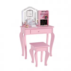 Kids Vanity Table Set with LED Lighted Mirror, Jewelry Storage and Stool, Pink