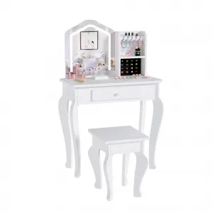 Kids Vanity Table Set with LED Lighted Mirror, Jewelry Storage and Stool, White