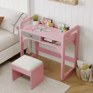 Kids Study Desk and Chair Set with Drawers and Pen Holder, Height Adjustable for Boys and Girl Ages 3-10, Pink