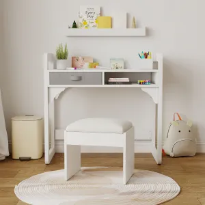 Kids Study Desk and Chair Set with Drawers and Pen Holder, Height Adjustable for Boys and Girl Ages 3-10, White