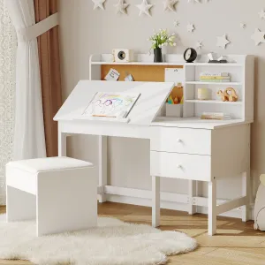 Wood Kids Study Table and Chair Set with Adjustable Tilt Desktop, Drawers and Cork Board for Ages 3-10, White