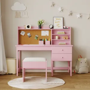 Wood Kids Study Table and Chair Set with Adjustable Tilt Desktop, Drawers and Cork Board for Ages 3-10, Pink