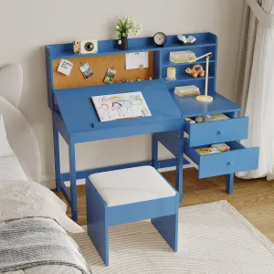 Wood Kids Study Table and Chair Set with Adjustable Tilt Desktop, Drawers and Cork Board for Ages 3-10, Blue