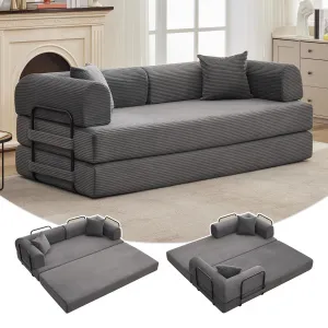 4 in 1 Convertible Sleeper Sofa Bed Couch, Comfy Corduroy Folding Sofa Bed with Deep Seat & Wide Armrest, No Assembly, Boneless Floor Couch for Living Room Apartments, Gray