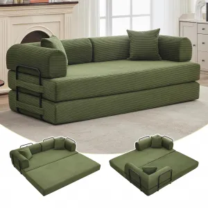 4 in 1 Convertible Sleeper Sofa Bed Couch, Comfy Corduroy Folding Sofa Bed with Deep Seat & Wide Armrest, No Assembly, Boneless Floor Couch for Living Room Apartments, Green