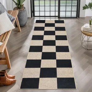 Easy Jute Rugs 2x8 Checkered Kitchen Runner Rugs Non Skid Washable Stain Resistant Indoor Outdoor Rugs Black Farmhouse Style