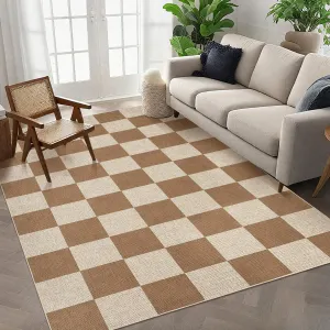 Checkered Easy Jute Area Rugs 5x7 Brown for Living Room Indoor Outdoor Non-Slip Stain Resistant