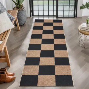Easy Jute Rugs 2x8 Checkered Kitchen Runner Rugs Non Skid Washable Stain Resistant Indoor Outdoor Rugs Black Tan Farmhouse Style