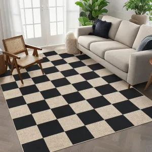 Easy Jute Area Rugs 6x9 Non-Slip Checkered Rug for Indoor Outdoor Use Black