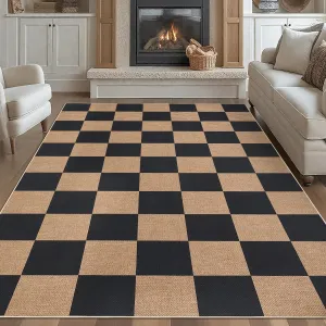 9x12 Checkered Easy Jute Rugs Non-Slip Backing Machine Washable Large Rugs Black Tan for Bedroom Patio Dining Room Backyard