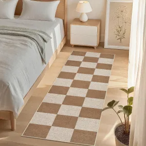Easy Jute Rugs 2x8 Checkered Kitchen Runner Rugs Non Skid Washable Stain Resistant Indoor Outdoor Rugs Brown Farmhouse Style