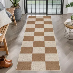 Checkered Easy Jute Runner Rug 2x6 Brown Non-Slip Machine Washable Indoor Outdoor Farmhouse Style
