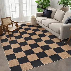 Easy Jute Area Rugs 6x9 Checkered Non-Slip Backing Indoor Outdoor Black Coffee
