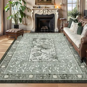 Provence 9x12 Area Rug Botanical Grove Washable Low-Pile Vintage Carpet Gray for Living Room Bedroom Dining Nursery