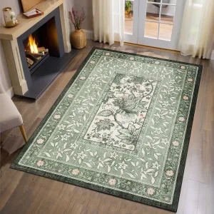 Provence Botanical Grove 4x6 Rug Vintage Cottagecore Carpet for Bedroom Living Room Nursery Kitchen Entryway Indoor Mat, Green