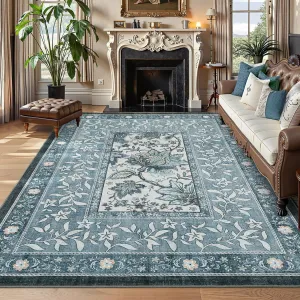 Provence 8x10 Area Rugs Botanical Grove Retro Blue Cottagecore Washable Rug for Living Room Bedroom Dining Nursery Low-Pile Vintage Large Carpet