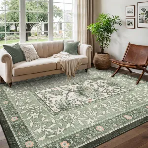 Provence 5x7 Area Rugs Botanical Grove Sage Green Vintage Cottagecore Non-Slip Washable Rug for Living Room Bedroom Nursery Kitchen Low-Pile Retro Carpet