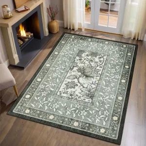 Provence Botanical Grove 4x6 Washable Rug Vintage Cottagecore Soft Gray for Bedroom Living Room Nursery Kitchen Entryway