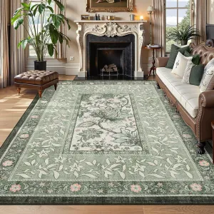 Provence 8x10 Area Rug Botanical Grove Sage Green Washable Low-Pile Vintage Carpet for Living Room Bedroom Dining Nursery, Green