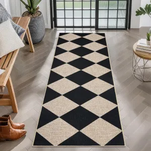 Checkered Easy Jute Runner Rug 2x6 Non-Slip Machine Washable Stain Resistant Indoor Outdoor Farmhouse Style Black
