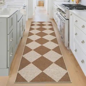 Modern Coffee Checkerboard 2x6 Indoor Soft Non-Shedding Floor Mat Washable Low Pile Non Slip Runner Rug