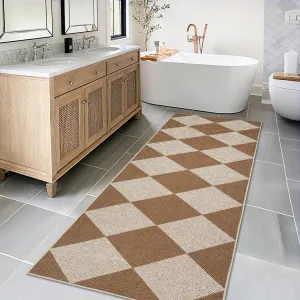 Modern Checkered Runner 2x8 Washable Runner Easy Jute Rug Non Slip, Neutral Accent Rug, Low Pile Thin Kitchen Mats, Durable Non Shedding Carpets for Hallway Bedside