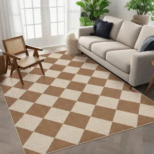 Checkered Easy Jute Area Rugs 5x7 Coffee Non-Slip Washable Indoor Outdoor Farmhouse Patio