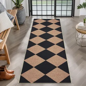 Easy Jute Rugs 2x8 Checkered Kitchen Runner Rugs Non Skid Washable Stain Resistant Indoor Outdoor Rugs Black Tan Farmhouse Style