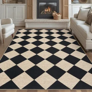 9x12 Checkered Easy Jute Rugs Non-Slip Backing Machine Washable Large Rugs Black for Bedroom Patio Dining Room Backyard