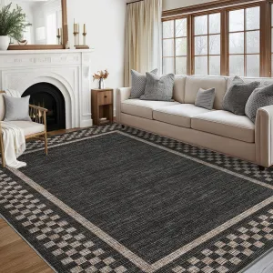 Machine Washable Area Rug 5x7 - Modern Checkered, Low Pile, Soft Polyester, Non-Slip TPR Backing, Stain Resistant - Living Room Bedroom