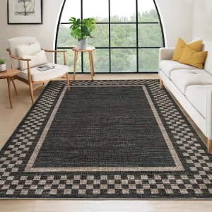 Large Area Rug 9x12 Modern Geometric Checkered Border, Non Slip TPR Backing, Low Pile Soft Polyester Fiber, Washable, Durable Edges, Indoor Living Room