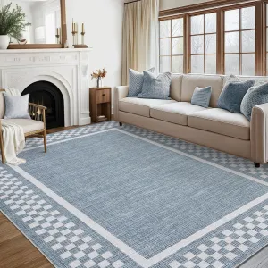 Bedroom Rug 5x7 Modern Checkered Washable Non-Slip Low Pile Polyester Soft Kid & Pet Friendly Living Room