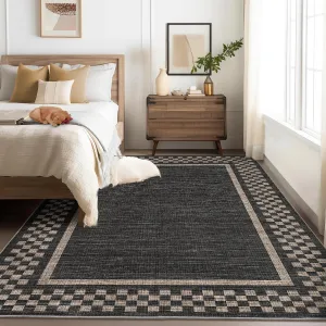 4x6 Washable Living Room Rug Non Slip Low Pile Rubber Backing Soft Durable Checkered Geometric Design for Bedroom Kitchen