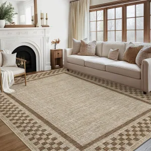 Large Area Rug Washable 10x13 Modern Neutral Bordered Checkered Soft Non Slip Low Pile Polyester Stain Resistant Living Room Bedroom Playroom
