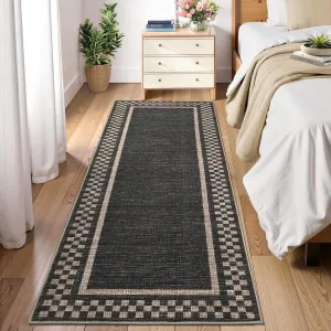 Washable Runner Rug 2x6 - Checkered Border, Non Slip, Soft Low Pile - Polyester Fiber, Non Shedding, Durable - Hallway, Kitchen, Entryway