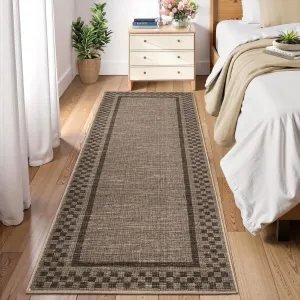 Washable Runner Rug 2x6 Brown Checkered Non Slip Soft Low Pile Polyester Fiber Textured TPR Durable Modern Hallway Kitchen Entryway