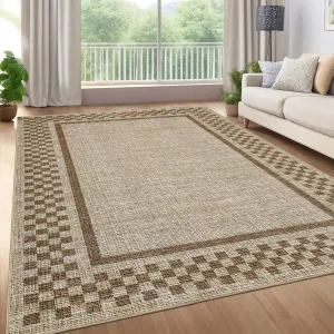 Modern Bordered 8x10 Area Rug - Soft, Washable, Non-Slip Backing - Durable Low Pile, Pet & Kid Friendly - Taupe for Living Room & Bedroom