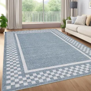 Washable Modern Bordered Checkered Rug 8x10, Non-Slip & Stain Resistant, 100% Polyester, Kid & Pet Friendly, Durable TPR Backing, Indoor Living Room Carpet