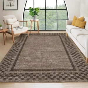Large Bordered Rug 10x13 Washable Non Slip Low Pile Polyester Fiber TPR Backing Soft Non Shedding Checkered Pattern for Living Room Office