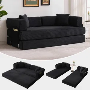 Convertible Sleeper Sofa Bed, 78.8" Floor Sofa Bed, 5-in-1 Folding Mattress Couch Loveseat with Fixed-Shape Frame, Pillow, Corduroy Fabric for Living Room Bedroom Lounge, Black