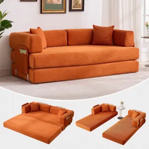 Convertible Sleeper Sofa Bed, 78.8" Floor Sofa Bed, 5-in-1 Folding Mattress Couch Loveseat with Fixed-Shape Frame, Pillow, Corduroy Fabric for Living Room Bedroom Lounge, Orange