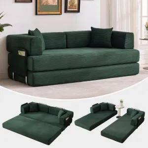 Convertible Sleeper Sofa Bed, 78.8" Floor Sofa Bed, 5-in-1 Folding Mattress Couch Loveseat with Fixed-Shape Frame, Pillow, Corduroy Fabric for Living Room Bedroom Lounge, Dark Green
