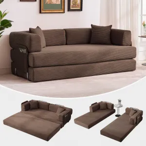 5-in-1 Convertible Sleeper Sofa Bed, 78.8" Oversized Corduroy Sofa Loveseat with Fixed-Shape Frame & 2 Pillows, No Assembly Required Futon Sofa for Living Room, Bedroom & Lounge, Brown