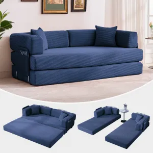 5-in-1 Convertible Sleeper Sofa Bed, 78.8" Oversized Corduroy Sofa Loveseat with Fixed-Shape Frame & 2 Pillows, No Assembly Required Futon Sofa for Living Room, Bedroom & Lounge, Blue
