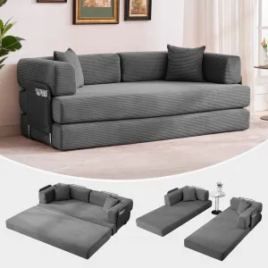 5-in-1 Convertible Sleeper Sofa Bed, 78.8" Oversized Corduroy Sofa Loveseat with Fixed-Shape Frame & 2 Pillows, No Assembly Required Futon Sofa for Living Room, Bedroom & Lounge, Gray